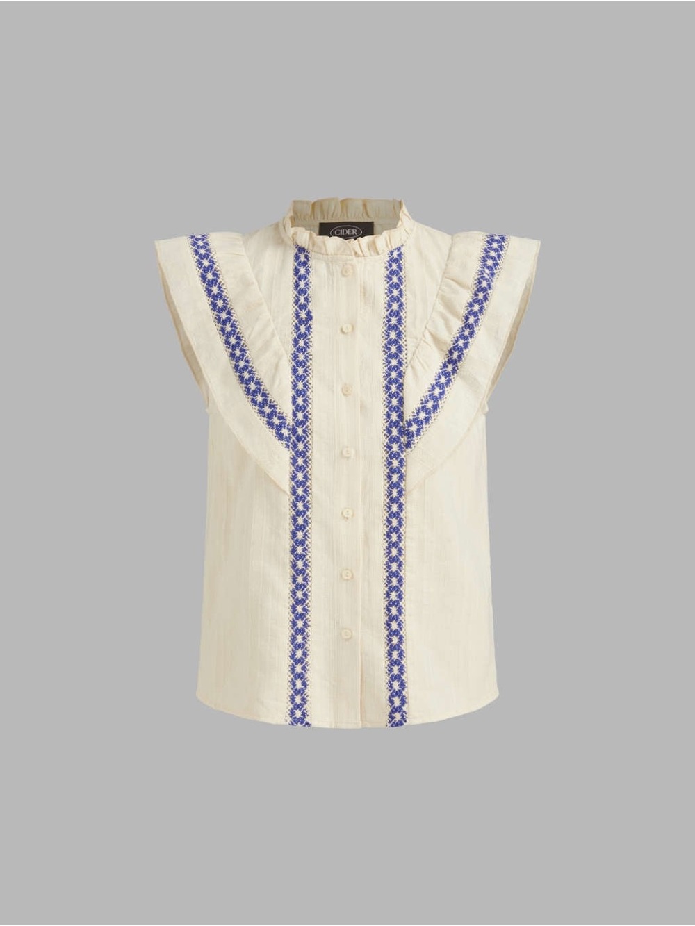 Cider Cotton Stand Collar Crochet Contrasting Binding Short Sleeve Blouse - Picture 3 of 12